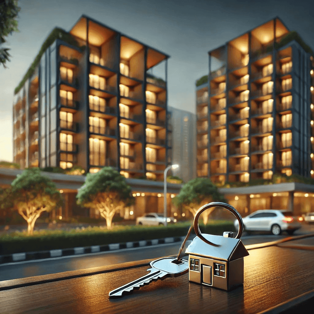 Modern apartment development at dusk